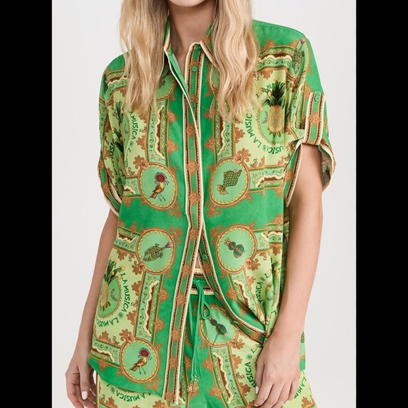 Alemais Tops - ALEMAIS Anthropologie La Musica Silk Short Sleeve Buttondown Shirt in Green